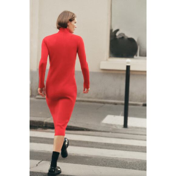 ZARA Mock High Neck Knit Midi Dress Red {YY42} - Picture 4 of 12